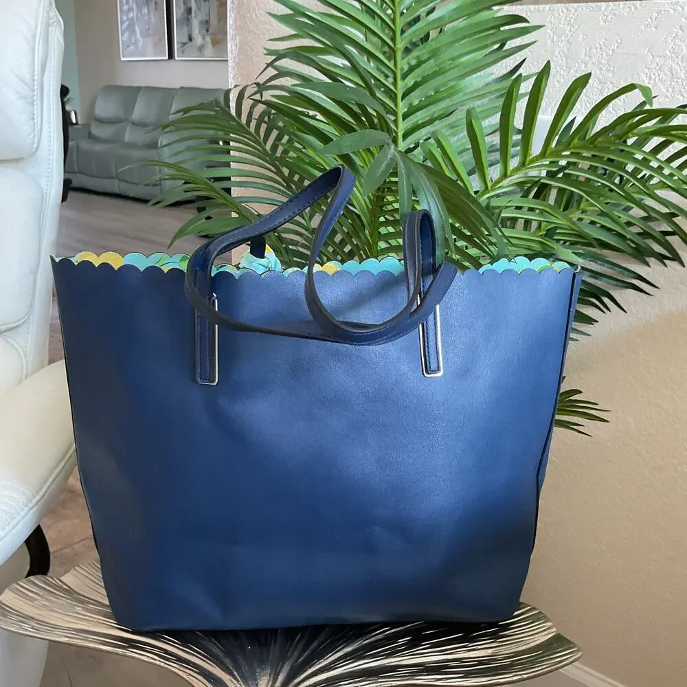 Trina Turk Blue Tote Bag Lemon Pattern interior and Lemon Scarf Open top - Picture 2 of 6